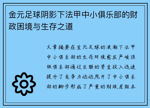 金元足球阴影下法甲中小俱乐部的财政困境与生存之道